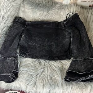 EUC Zara Black Off-Shoulder Denim Stretchy Crop Top Blouse sz XS
